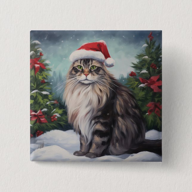 Bóton Quadrado 5.08cm Gato Maine Coon na Neve Natal (Frente)