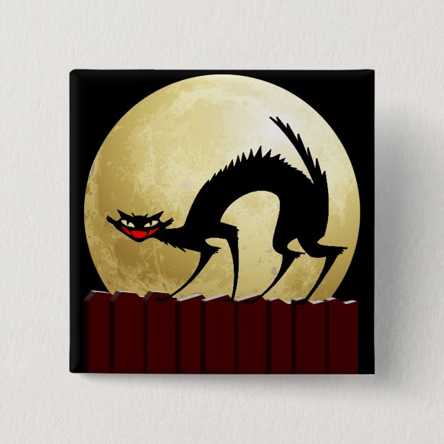 Bóton Quadrado 5.08cm Gato Preto de Halloween com lua cheia (Frente)