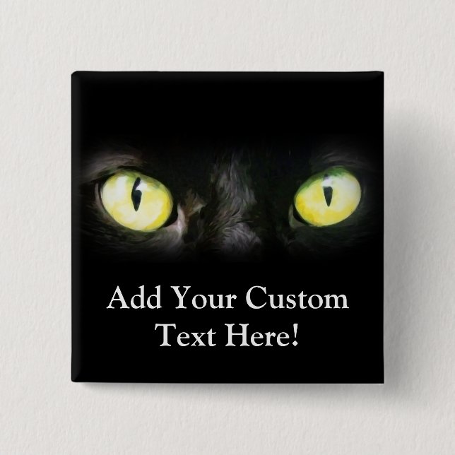 Bóton Quadrado 5.08cm Gato Preto, Olhos Verdes Amarelos, Sonhos e Estran (Frente)