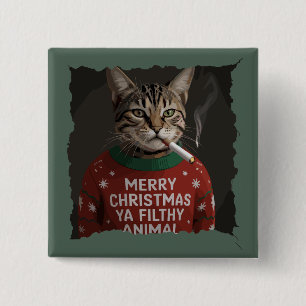 Bóton Quadrado 5.08cm Gato sarcástico de Natal engraçado fumando Meme de