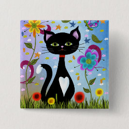 Bóton Quadrado 5.08cm Gato Tuxedo Sentado Em Um Jardim