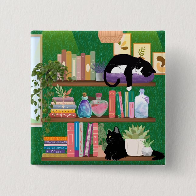 Bóton Quadrado 5.08cm Gatos da livraria (Frente)