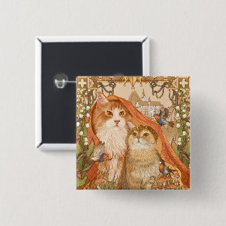 Bóton Quadrado 5.08cm Gatos de Leite Medievais com Aves e Flores Il