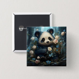 Bóton Quadrado 5.08cm Gentil Urso Panda Entre Rosas Selvagens