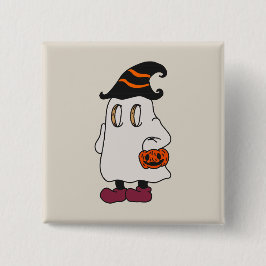 Bóton Quadrado 5.08cm Ghost holding pumpkin and wearing witch hat