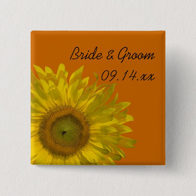 Bóton Quadrado 5.08cm Girassol Amarelo no Casamento Laranja (Frente)