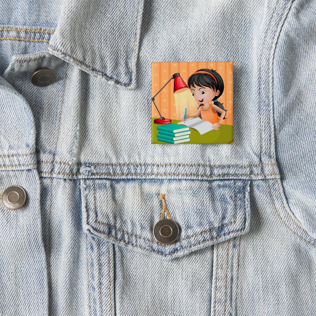 Bóton Quadrado 5.08cm Girl Studying at Desk Doing Homework (Criador carregado)