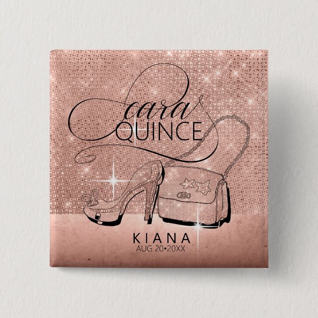 Bóton Quadrado 5.08cm Glitter and Shine Quinceanera Dourado ID701 (Frente)