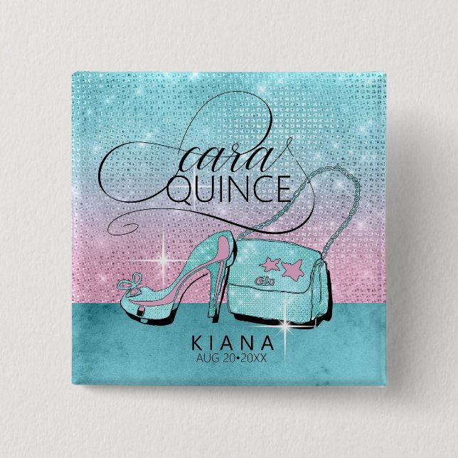 Bóton Quadrado 5.08cm Glitter and Shine Quinceanera V2 Teal/Pink ID701 (Frente)