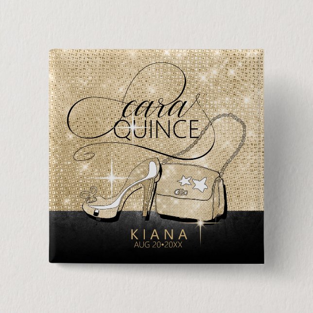 Bóton Quadrado 5.08cm Glitter e Shine Quinceanera V2 Black/Dourado ID701 (Frente)