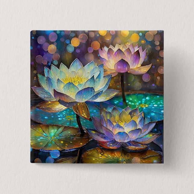 Bóton Quadrado 5.08cm Glowing Lotus Flowers Trio (Frente)
