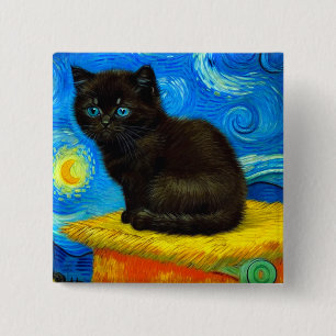 Bóton Quadrado 5.08cm Gogh Style Starry Night Cat