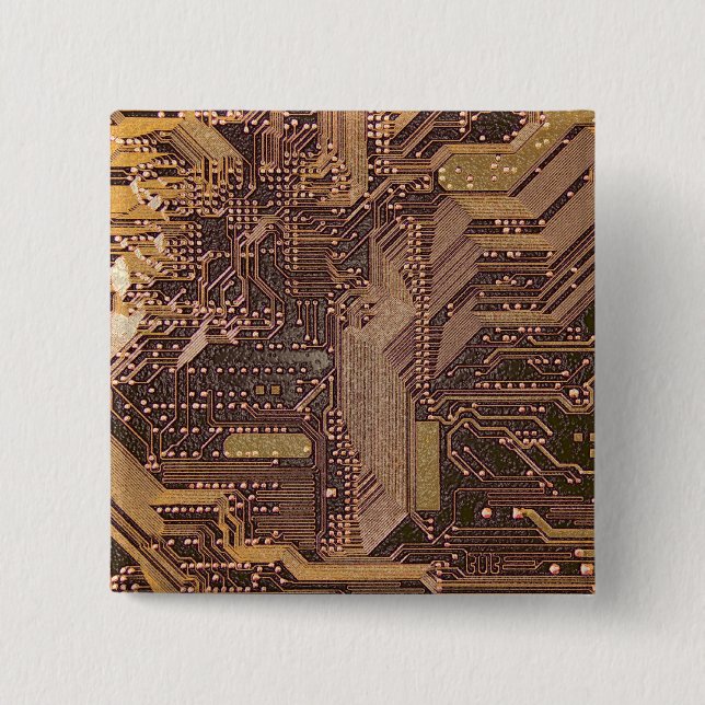 Bóton Quadrado 5.08cm Gold Cyber Circuit Board Tech Electronics (Frente)
