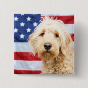 Bóton Quadrado 5.08cm Goldendoodododle com bandeira americana