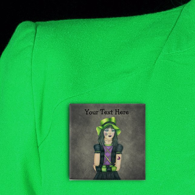 Bóton Quadrado 5.08cm Gótico Spooky Garota Garota Verde Tatuando Cinza (Gothic teen girl spiderweb, moon Tattoos green hat on dark grey with glowing green pin back button.)