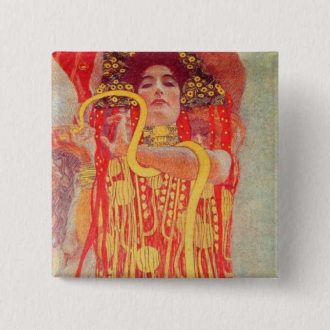 Bóton Quadrado 5.08cm Gustav Klimt Red Woman Dourada pintura Cobra (Frente)