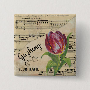 Bóton Quadrado 5.08cm Guzheng Tulip Vintage Sheet Music Personalizada