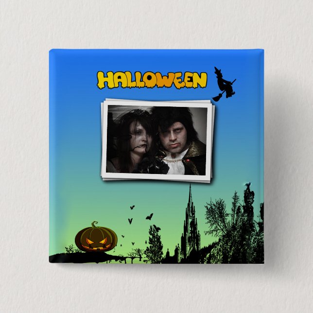Bóton Quadrado 5.08cm Halloween Dusk com Witch Adicionar Fotografia (Frente)