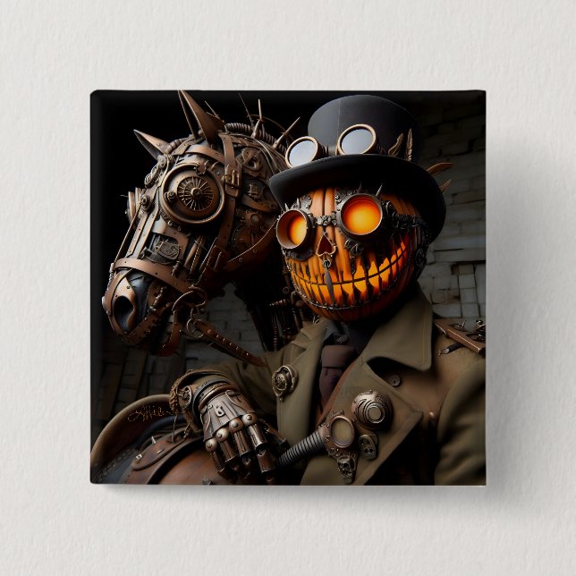 Bóton Quadrado 5.08cm Halloween Steampunk Jack-O-Lantern Horseman (Frente)