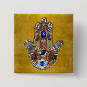 Bóton Quadrado 5.08cm Hamsa Hearts Flowers Opal Art em Dourado