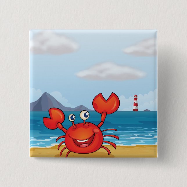 Bóton Quadrado 5.08cm Happy Crab on Beach with Lighthouse (Frente)