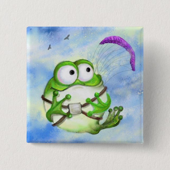 Bóton Quadrado 5.08cm Happy Funny Frog Paraglider Button (Frente)