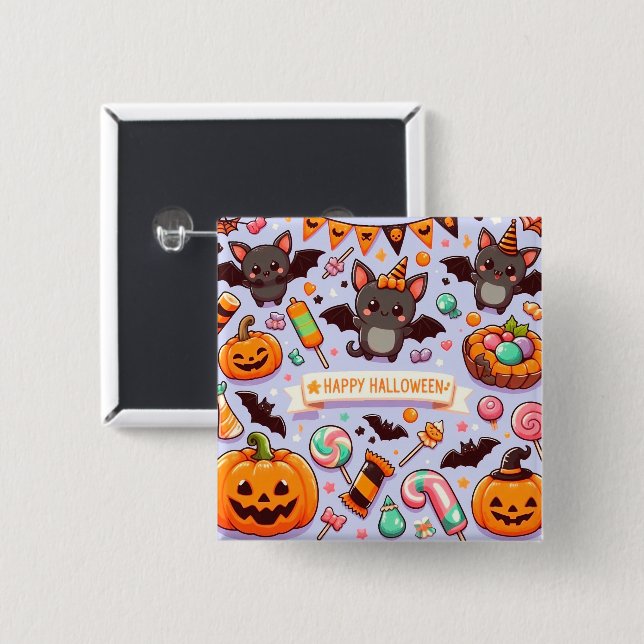 Bóton Quadrado 5.08cm Happy halloween cute bats candy (Frente & Verso)