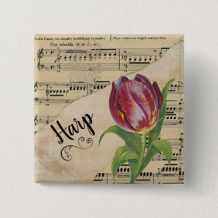 Bóton Quadrado 5.08cm Harp Elegante Tulip Vintage Sheet Music