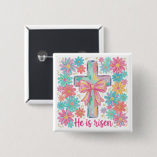 Bóton Quadrado 5.08cm "He is risen" Religious Cross  Easter