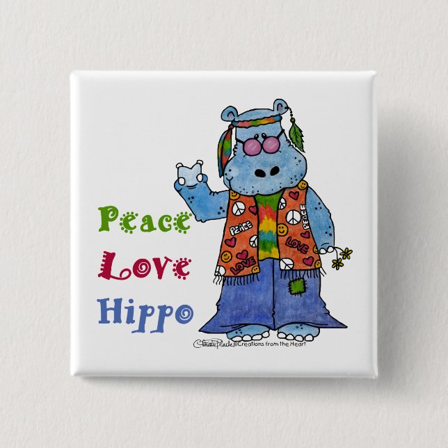 Bóton Quadrado 5.08cm Hippie Hippo-Peace, Love, Hippo (Frente)