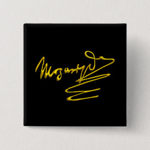 Bóton Quadrado 5.08cm HOMAGEM A MOZART Assinatura Dourada Do Compositor