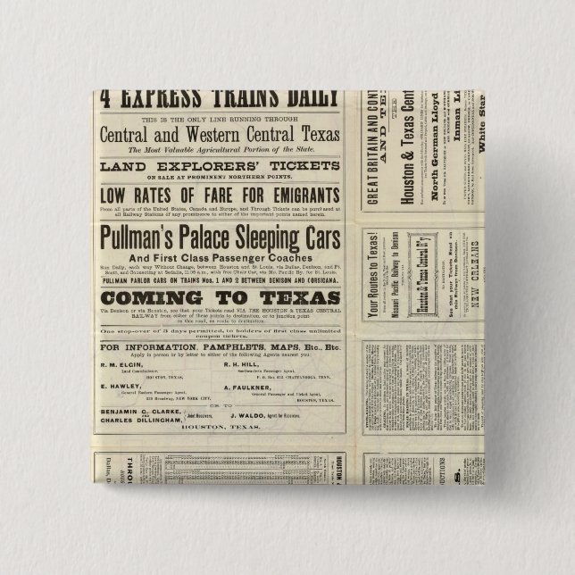 Bóton Quadrado 5.08cm Houston and Texas Central Rail através do Texas (Frente)