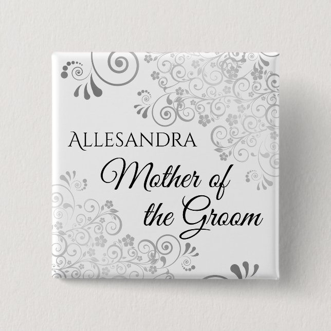 Bóton Quadrado 5.08cm Identificador para a Mãe do Noivo Casamento Prata  (Frente)