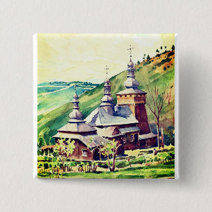 Bóton Quadrado 5.08cm Igreja de Madeira Ucraniana - Arte Arquitetônica V