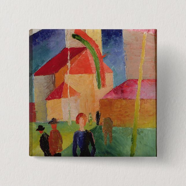 Bóton Quadrado 5.08cm Igreja decorada com bandeiras (Frente)