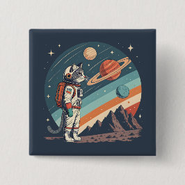 Bóton Quadrado 5.08cm Ilustração Cósmica do Astronauta Gato Retro no Esp