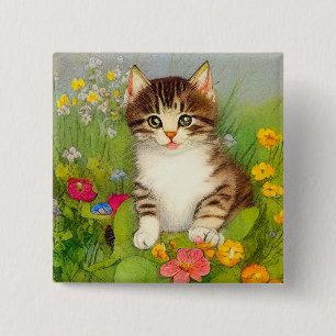 Bóton Quadrado 5.08cm Ilustração de Gato de Sorriso de Vintage