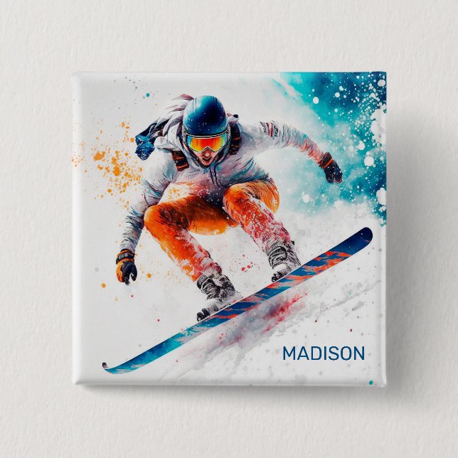 Bóton Quadrado 5.08cm Ilustração de Snowboarder de Nome Personalizado (Frente)