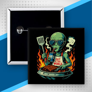 Bóton Quadrado 5.08cm Ilustração Divertida de Churrasco Alienígena Retro