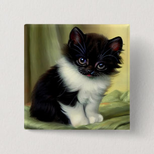 Bóton Quadrado 5.08cm Ilustração Vintage Tuxedo Kitten
