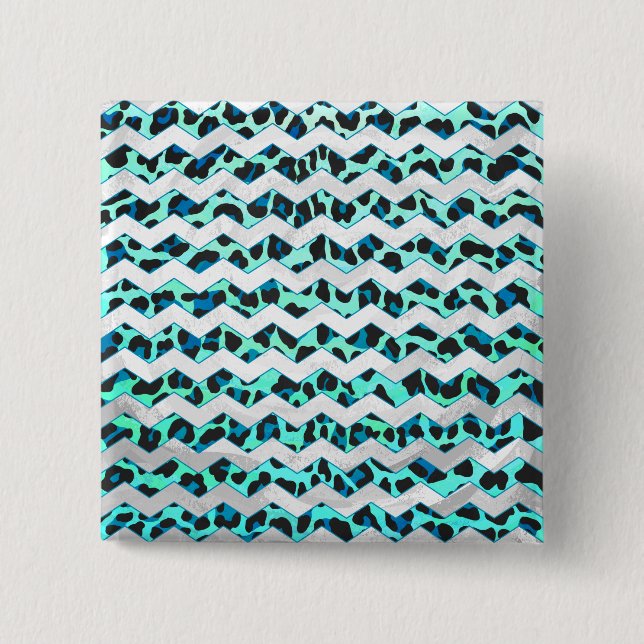 Bóton Quadrado 5.08cm Impressão de Leopardo Negro e Teal (Frente)