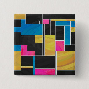 Bóton Quadrado 5.08cm Impressão preto azul mondriano