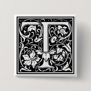 Bóton Quadrado 5.08cm Inicial decorativa "T" da letra