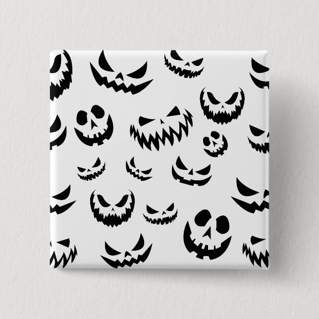 Bóton Quadrado 5.08cm Jack O Lanterna Pumpkin Rosto Preto e Branco (Frente)