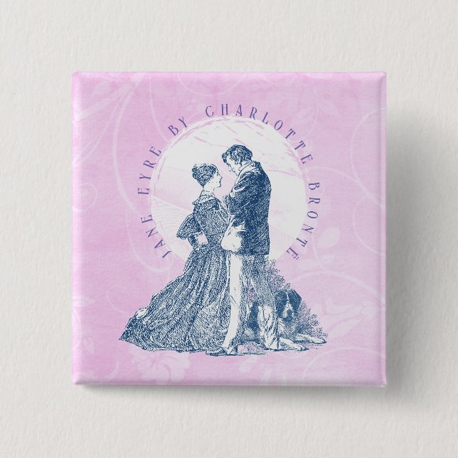 Bóton Quadrado 5.08cm Jane Eyre e Edward Rochester com Pilot Pink (Frente)