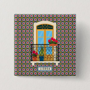 Bóton Quadrado 5.08cm Janela da casa de Lisboa com plantas e azulejos