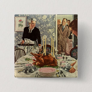 Bóton Quadrado 5.08cm Jantar de Ação de Graças Vintage com Família