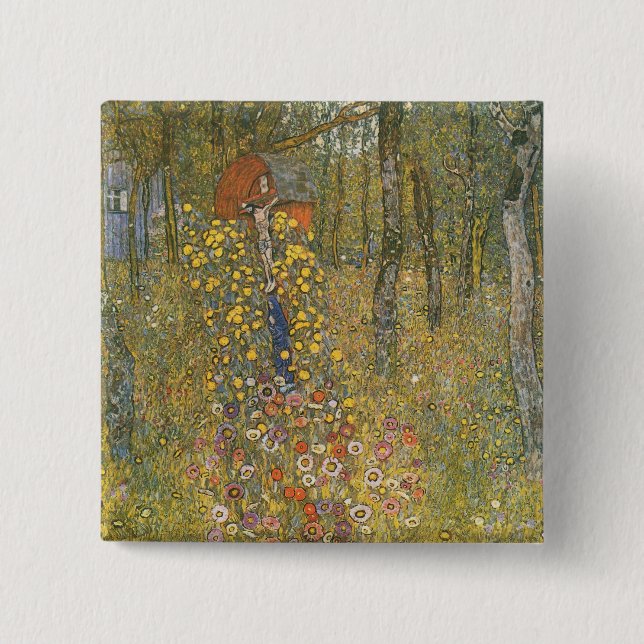 Bóton Quadrado 5.08cm Jardim de fazenda com Crucifixo (por Gustav Klimt) (Frente)