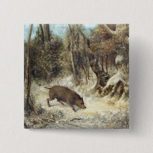Bóton Quadrado 5.08cm Javali na neve, assinada como Courbet
