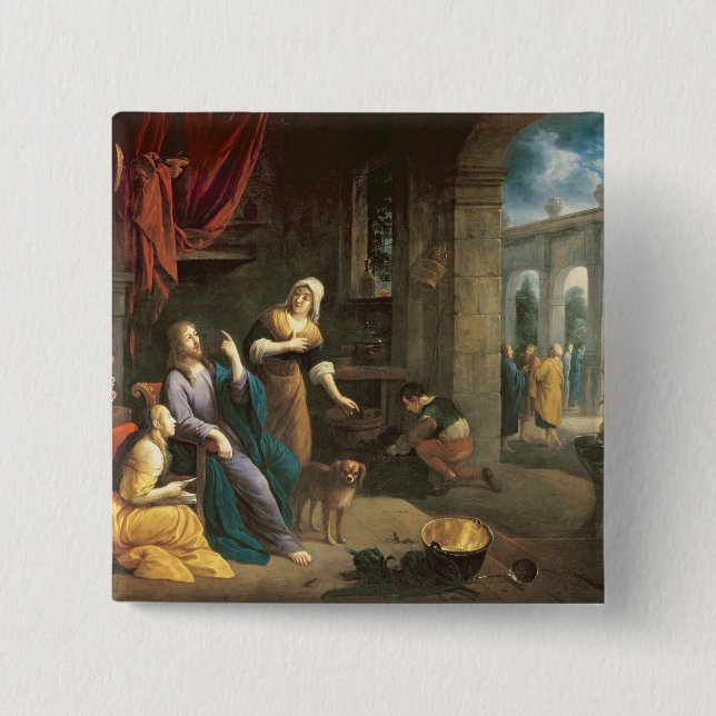 Bóton Quadrado 5.08cm Jesus na casa de Martha e de Mary (Frente)